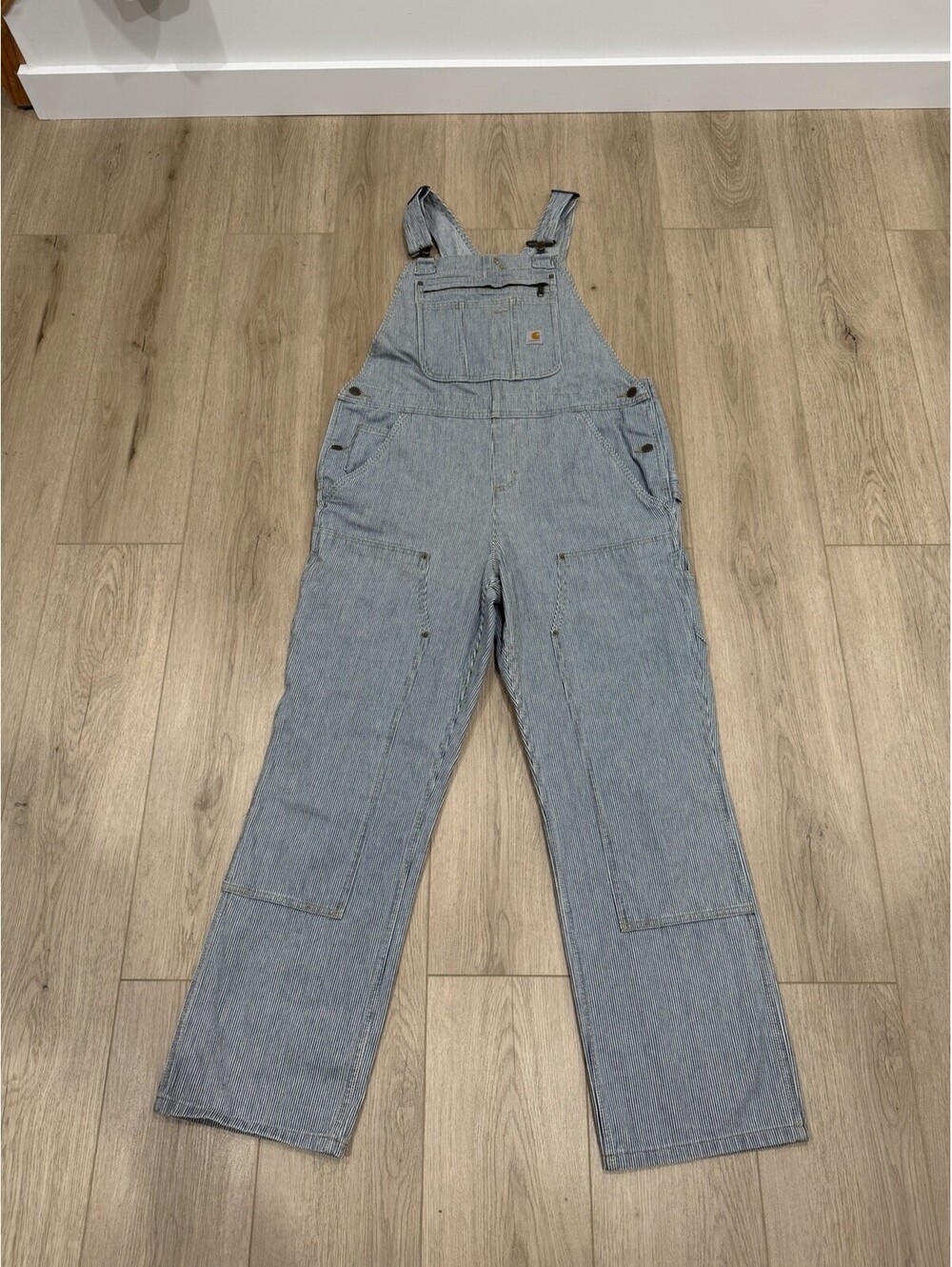 Carhartt Womens Large Regular Hickory Stripe Overalls Bib Denim Cotton 103042